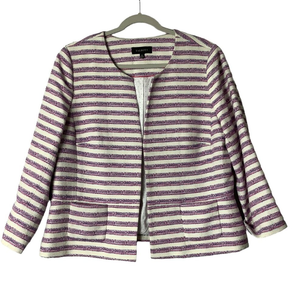 Talbots‎ Striped Tweed Cotton Blend Jacket Blazer Women Size 16 Pockets Lined
